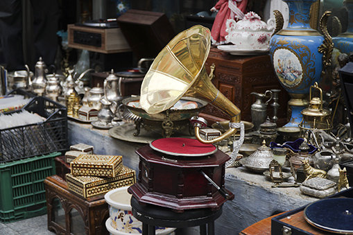 Old Gramophone and Other Antique Objects At Antiques Market