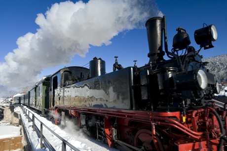 Nostalgic steam train, Weißeritztalbahn in Germany (Schmiedeberg, Ore Mountains) VLW on Tour